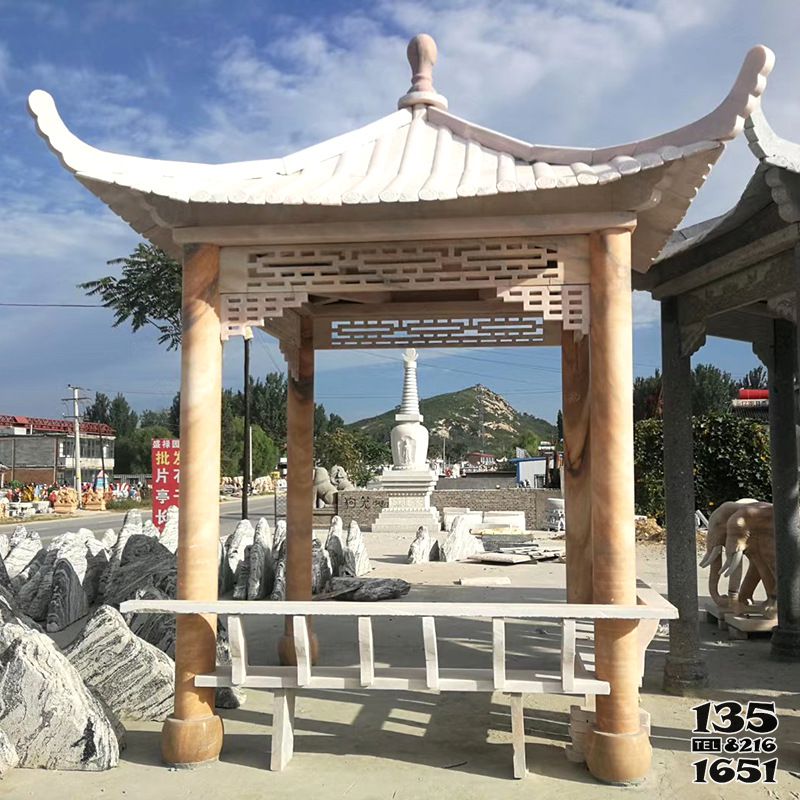 涼亭雕塑-晚霞紅雕刻鏤空寺院戶外擺放涼亭雕塑 涼亭雕塑-晚霞紅雕刻鏤空寺院戶外擺放涼亭雕塑高清圖片